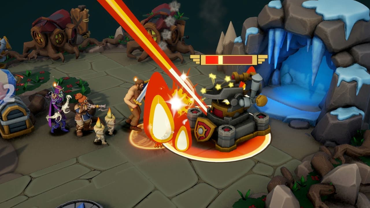 A hero, a mage, a gunner and candle soldiers storm an enemy tower under fire.
