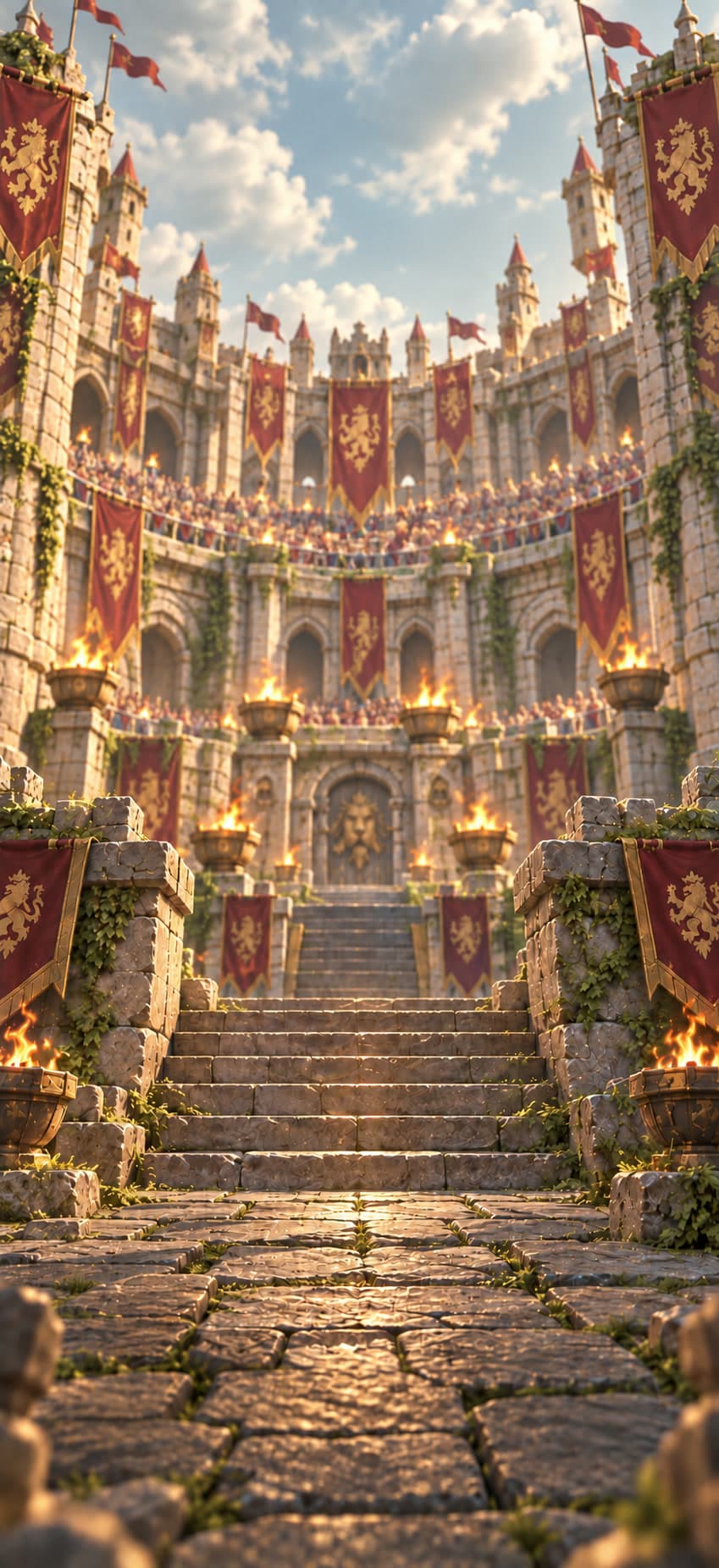 A warrior with a lion shield and a horned, armored knight face off in a stone arena hung with banners. In the middle, the Realm Rivals Duel logo.