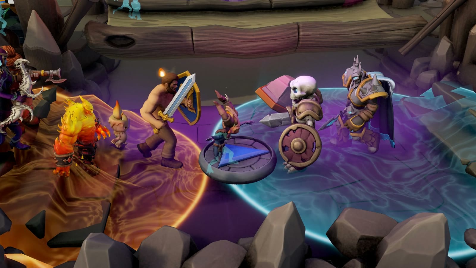 Both armies clash in a purple and blue arena: wax troops on one side, porcelain knights on the other.